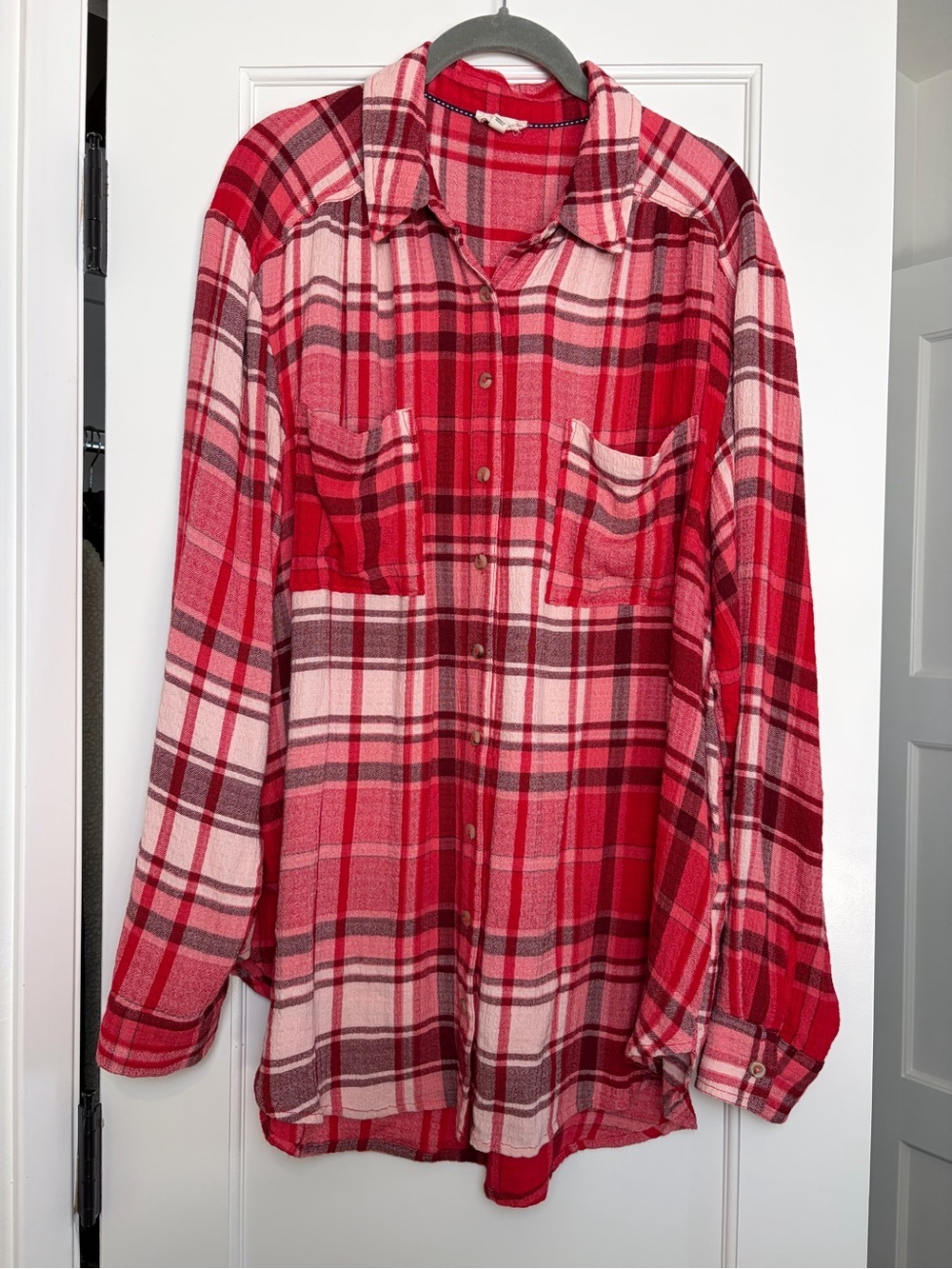 Anthropologie Pilcro Oversized Red Plaid Button-Up Shirt (Large) - Picture 3 of 6